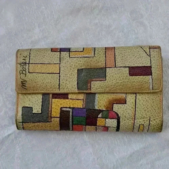 Wallet  CHECKBOOK GOLD ABSTRACT LEATHER  HAND PAINTED MV BOTARI - Picture 2 of 9